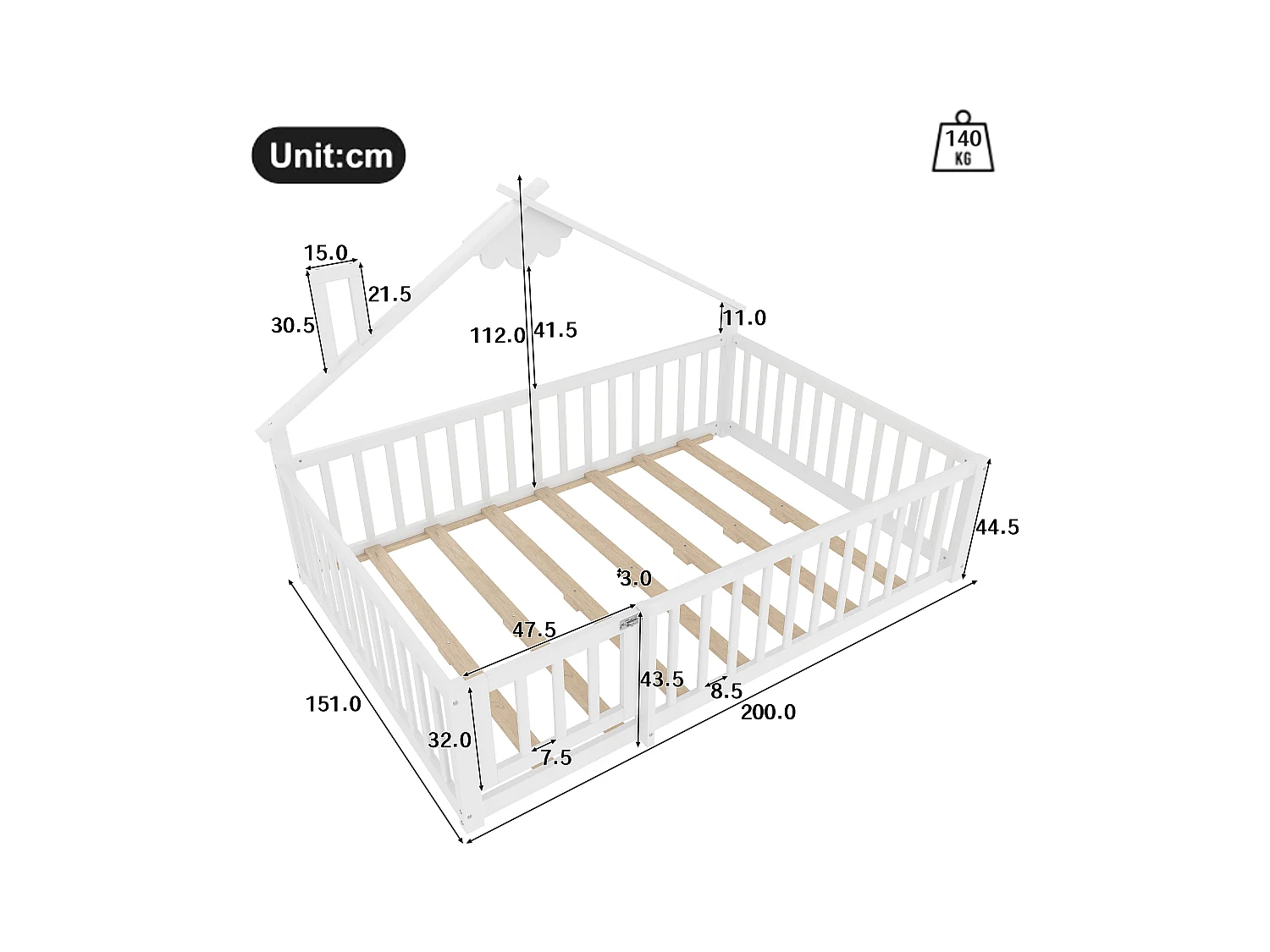 Kinderbed in hutstijl 140x190cm - met veiligheidsbarrières - massief hout - wit (zonder matras)