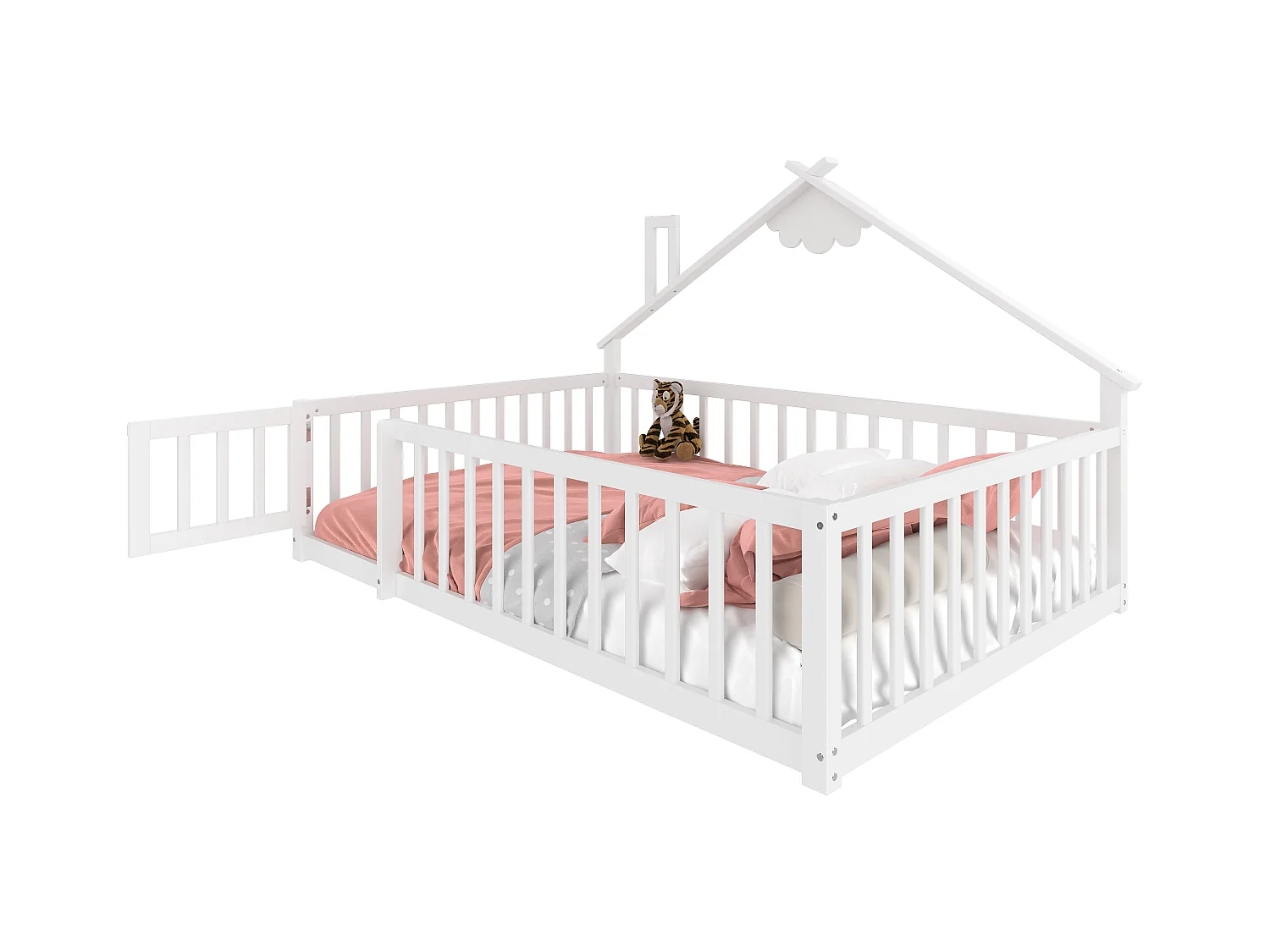 Kinderbed in hutstijl 140x190cm - met veiligheidsbarrières - massief hout - wit (zonder matras)