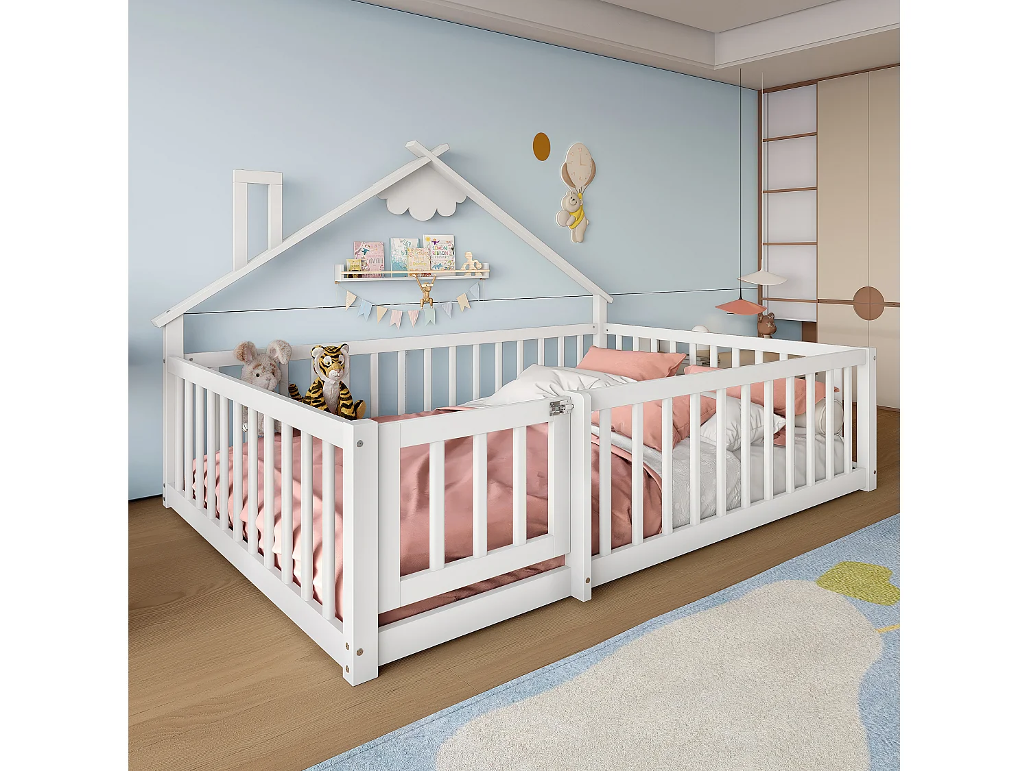 Letto a casetta per bambini 140x190cm - con barriere di sicurezza - legno massello - bianco (senza materasso)