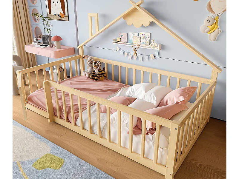 Lit cabane enfant 90x190cm - avec barrières de sécurité - bois massif - naturel (sans matelas)