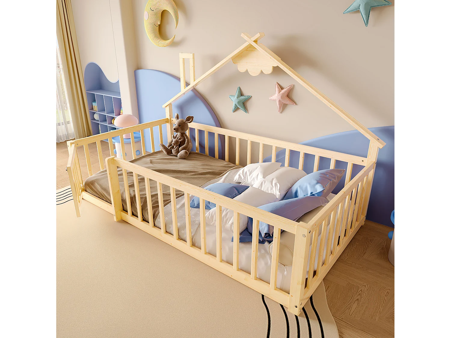 Cama tipo casita infantil 90x190cm - con barreras de seguridad - madera maciza - natural (sin colchón)