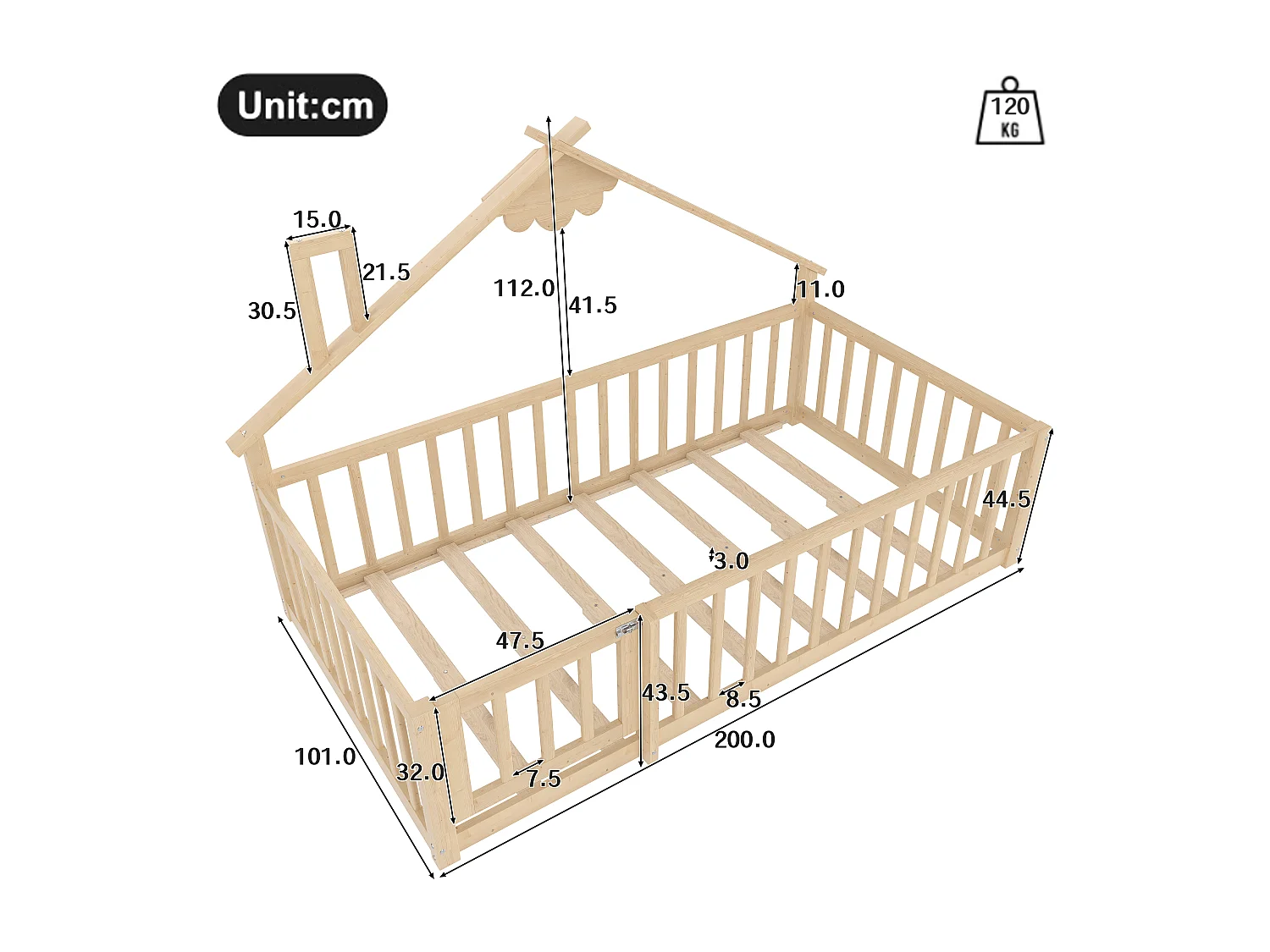 Cama tipo casita infantil 90x190cm - con barreras de seguridad - madera maciza - natural (sin colchón)