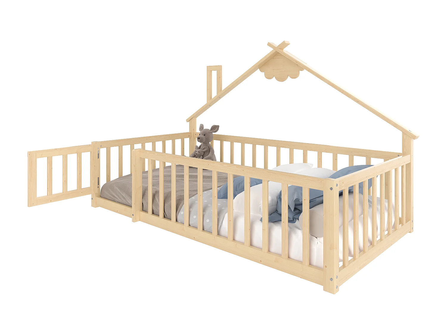 Cama tipo casita infantil 90x190cm - con barreras de seguridad - madera maciza - natural (sin colchón)