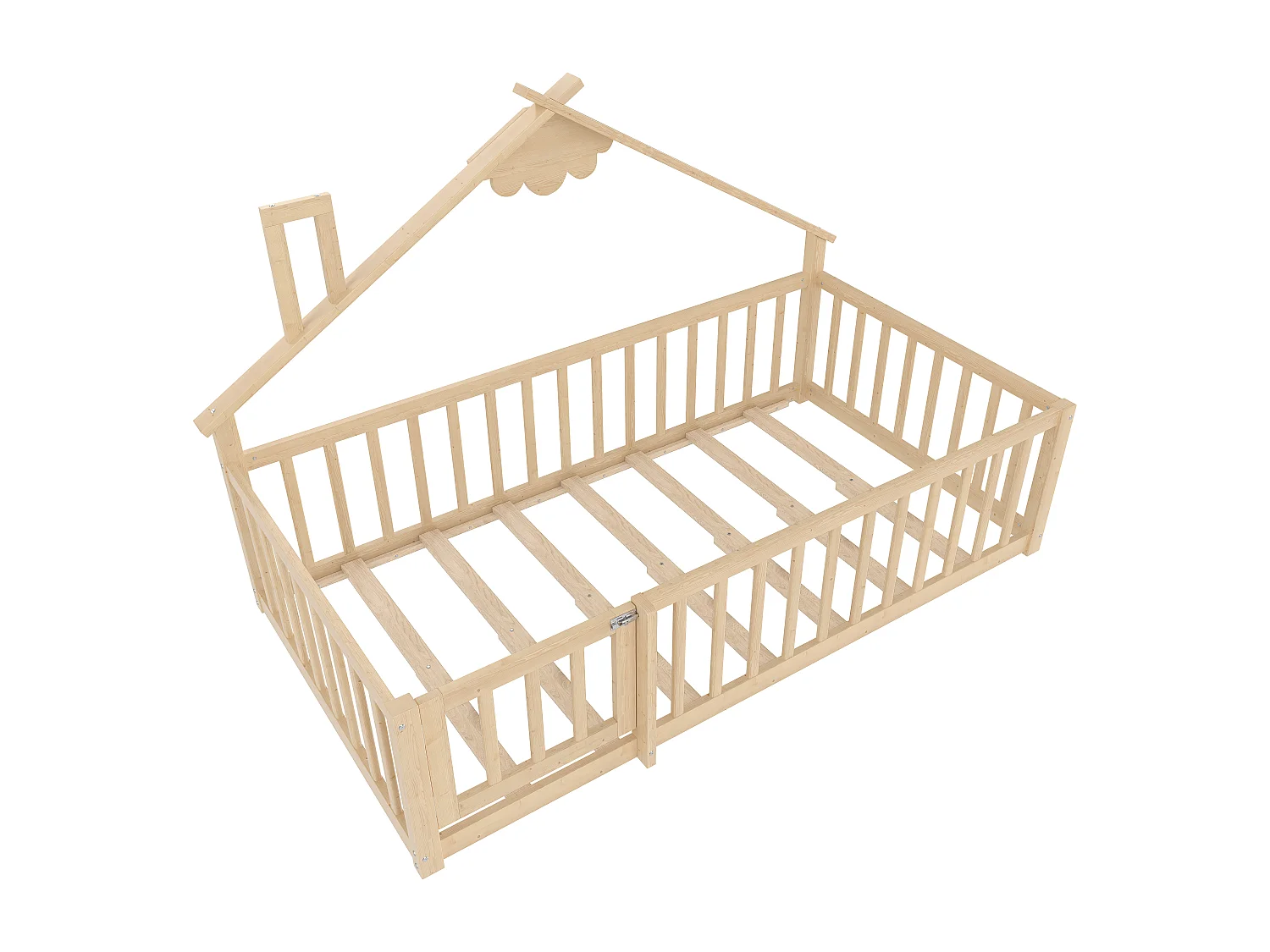 Cama tipo casita infantil 90x190cm - con barreras de seguridad - madera maciza - natural (sin colchón)