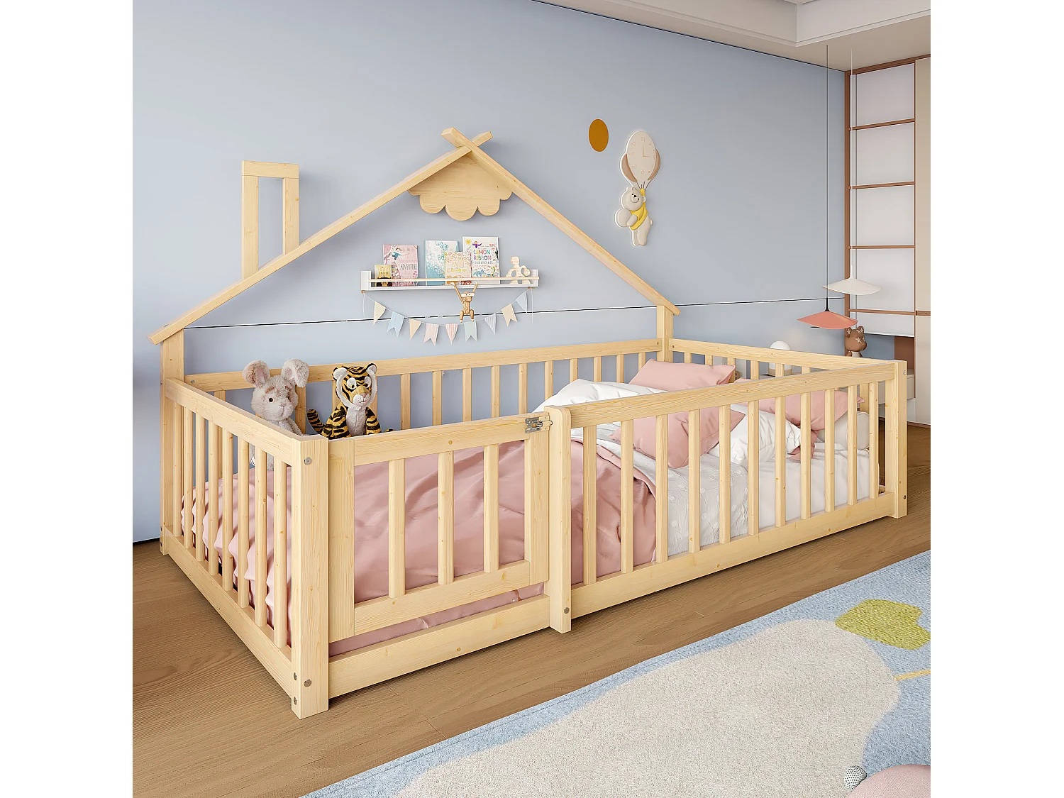 Letto a casetta per bambini 90x190cm - con barriere di sicurezza - legno massello - naturale (senza materasso)