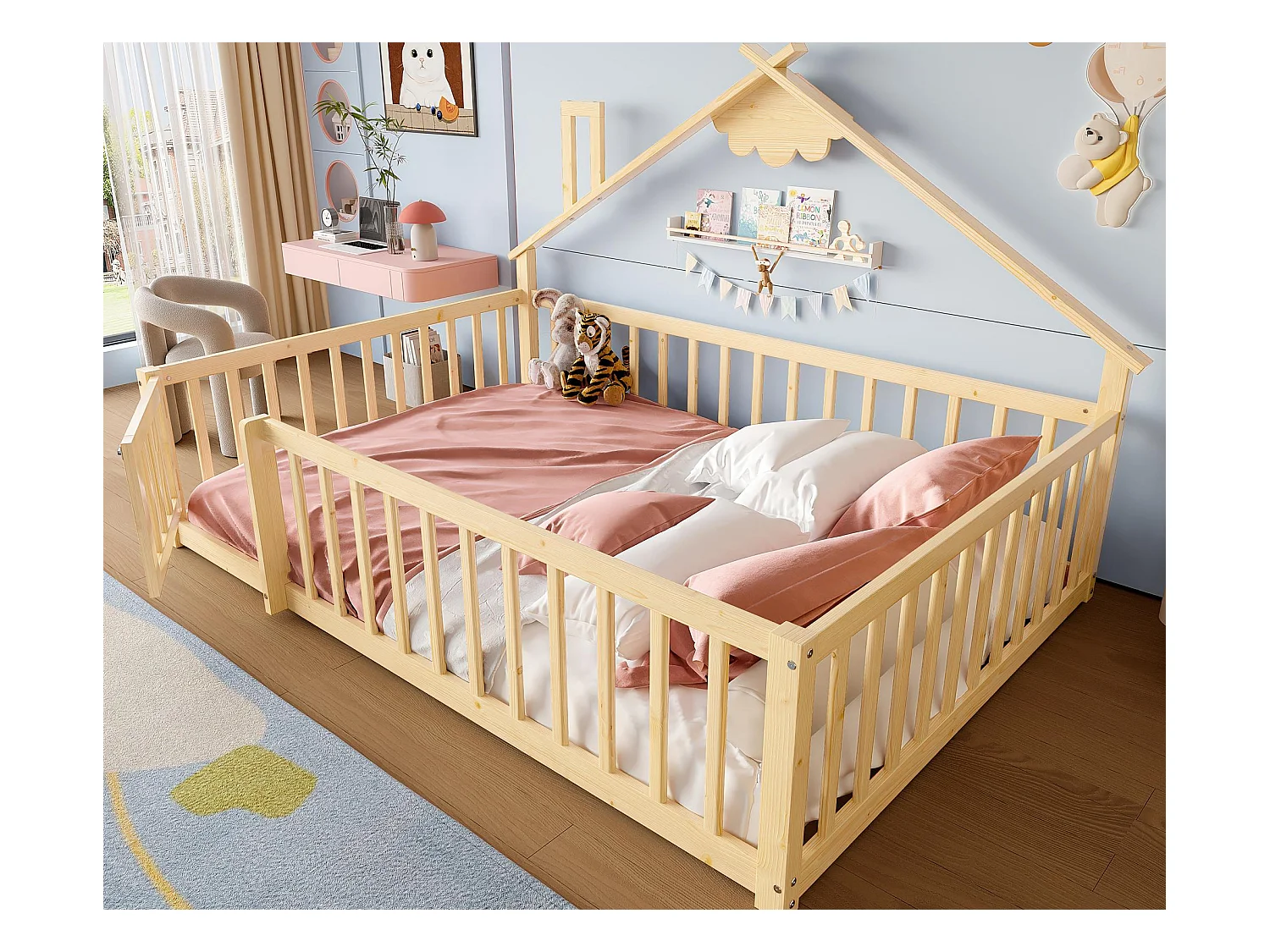 Kinderbed in hutstijl 140x190cm - met veiligheidsbarrières - massief hout - natuurlijk (zonder matras)