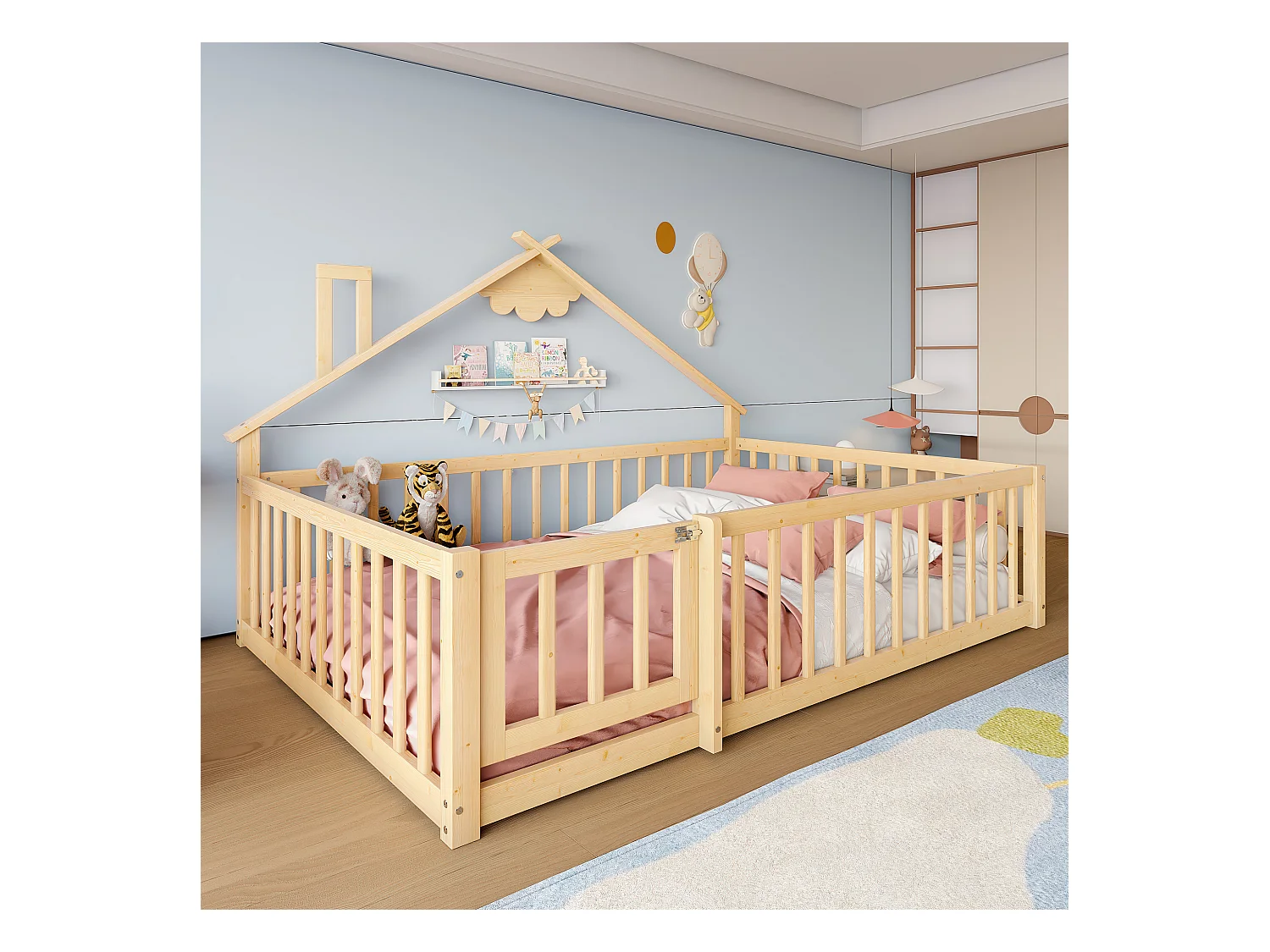 Kinderbed in hutstijl 140x190cm - met veiligheidsbarrières - massief hout - natuurlijk (zonder matras)