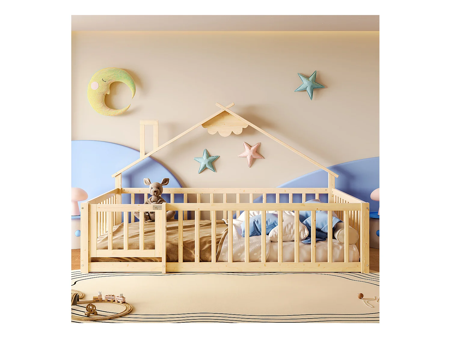 Kinderbed in hutstijl 140x190cm - met veiligheidsbarrières - massief hout - natuurlijk (zonder matras)