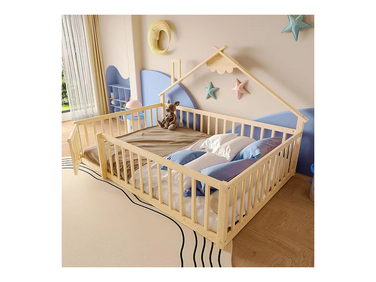 Kinderbed in hutstijl 140x190cm - met veiligheidsbarrières - massief hout - natuurlijk (zonder matras)