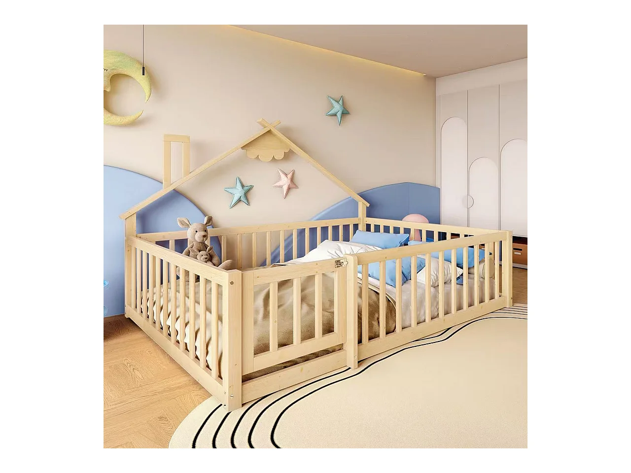 Kinderbed in hutstijl 140x190cm - met veiligheidsbarrières - massief hout - natuurlijk (zonder matras)