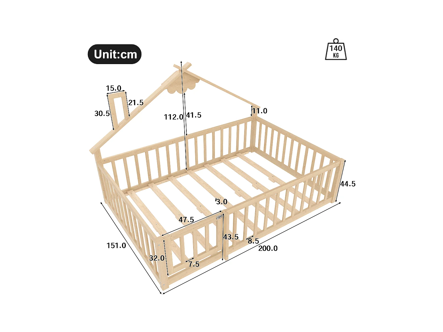 Kinderbed in hutstijl 140x190cm - met veiligheidsbarrières - massief hout - natuurlijk (zonder matras)