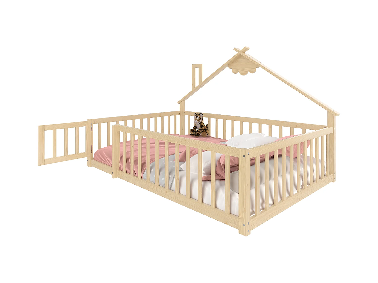 Kinderbed in hutstijl 140x190cm - met veiligheidsbarrières - massief hout - natuurlijk (zonder matras)