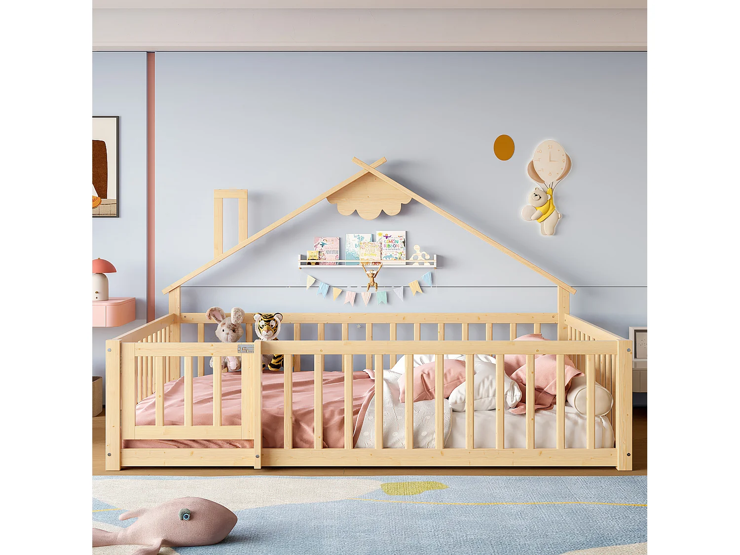 Letto a casetta per bambini 140x190cm - con barriere di sicurezza - legno massello - naturale (senza materasso)