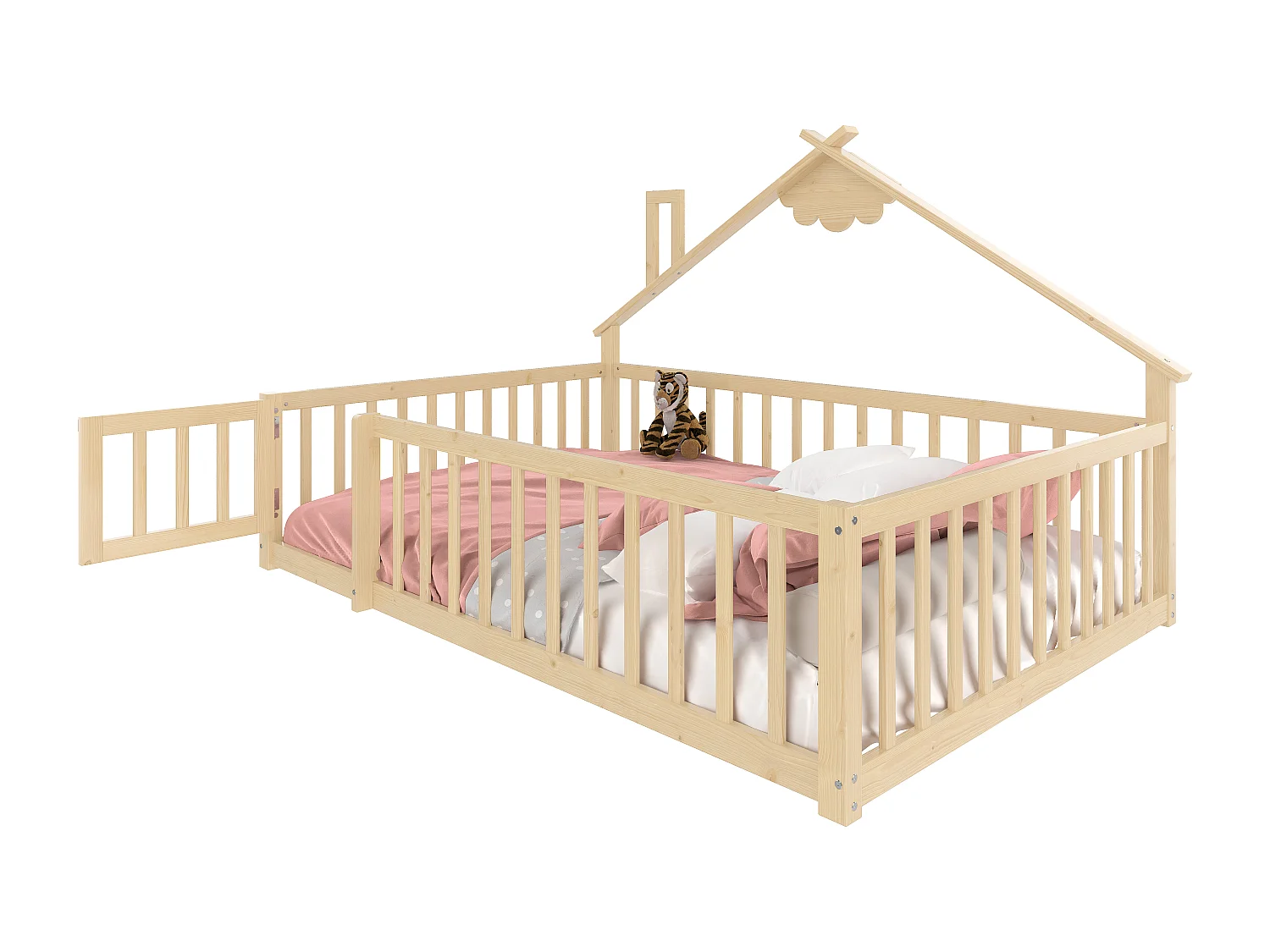 Letto a casetta per bambini 140x190cm - con barriere di sicurezza - legno massello - naturale (senza materasso)
