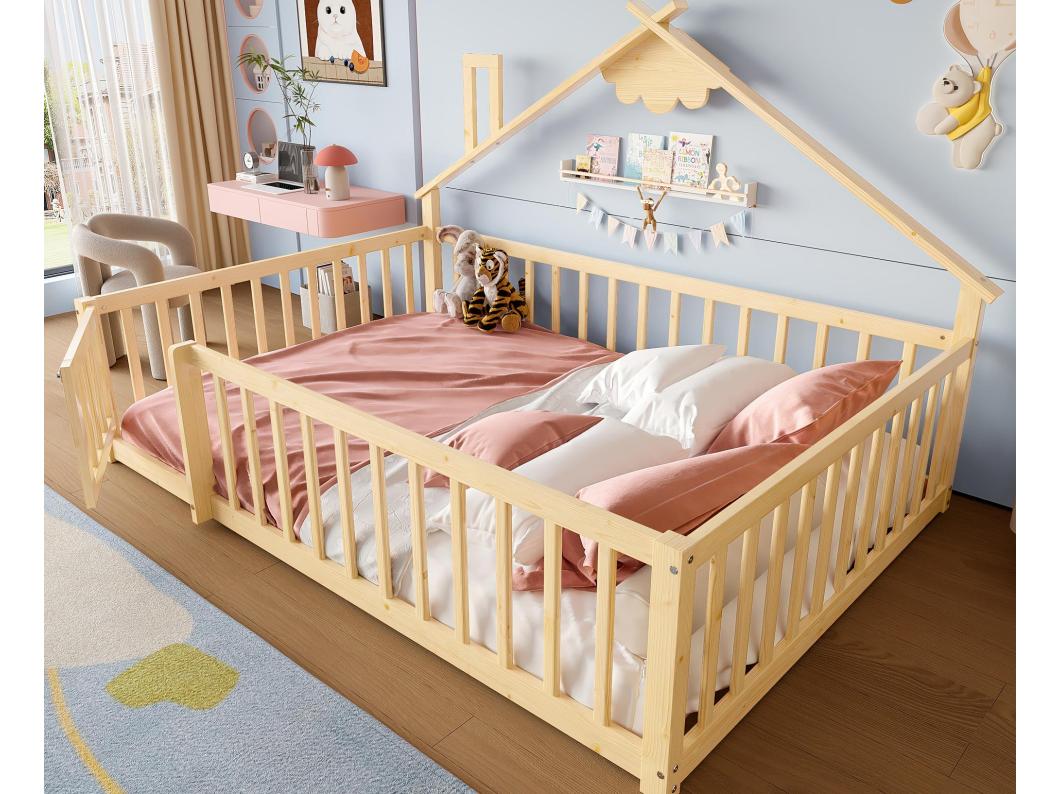Cama tipo cabana infantil 140x190cm - com barreiras de segurança - madeira maciça - natural (sem colchão)