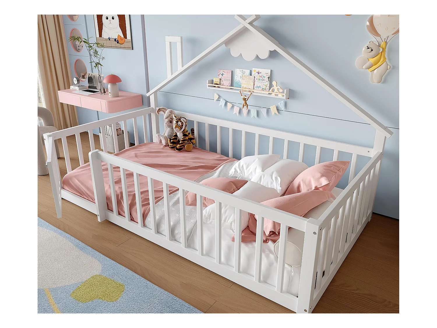 Kinderbed in hutstijl 90x190cm - met veiligheidsbarrières - massief hout - wit (zonder matras)