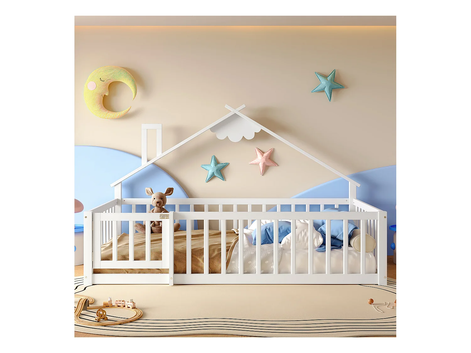 Kinderbed in hutstijl 90x190cm - met veiligheidsbarrières - massief hout - wit (zonder matras)