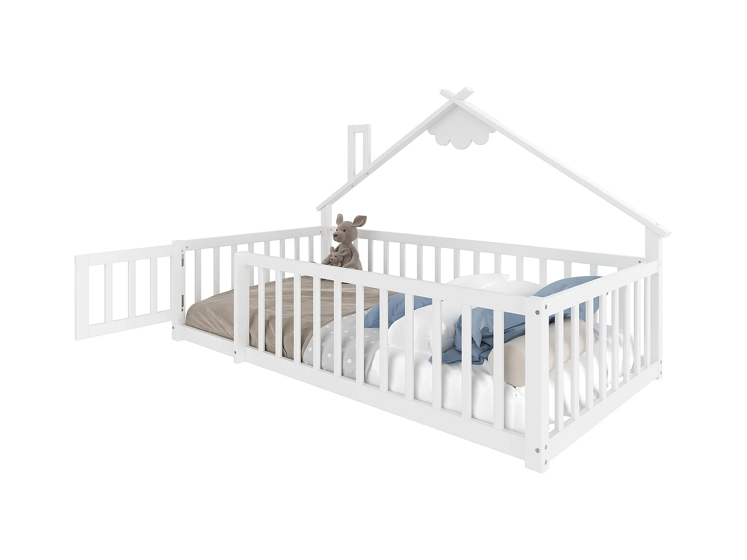 Kinderbed in hutstijl 90x190cm - met veiligheidsbarrières - massief hout - wit (zonder matras)