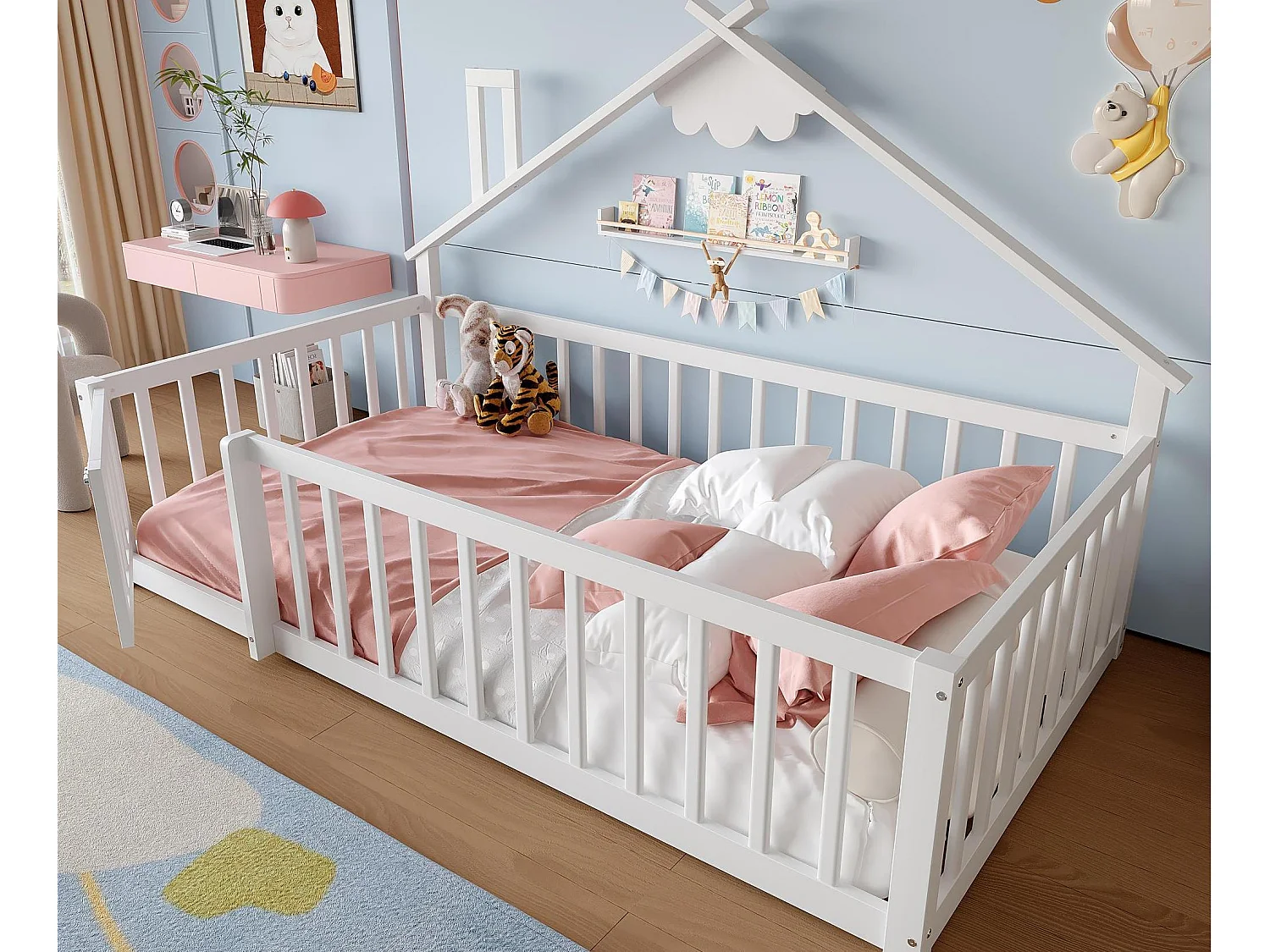 Letto a casetta per bambini 90x190cm - con barriere di sicurezza - legno massello - bianco (senza materasso)