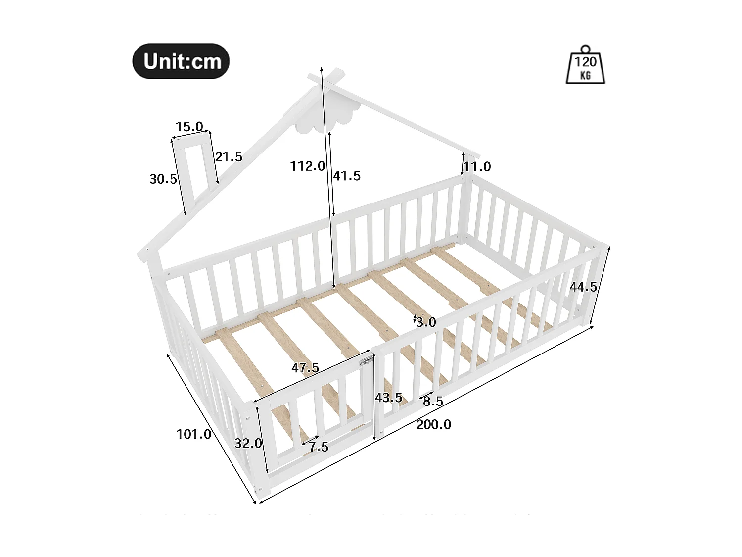 Letto a casetta per bambini 90x190cm - con barriere di sicurezza - legno massello - bianco (senza materasso)