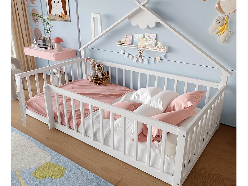 Kinderbed in hutstijl 90x190cm - met veiligheidsbarrières - massief hout - wit (zonder matras)