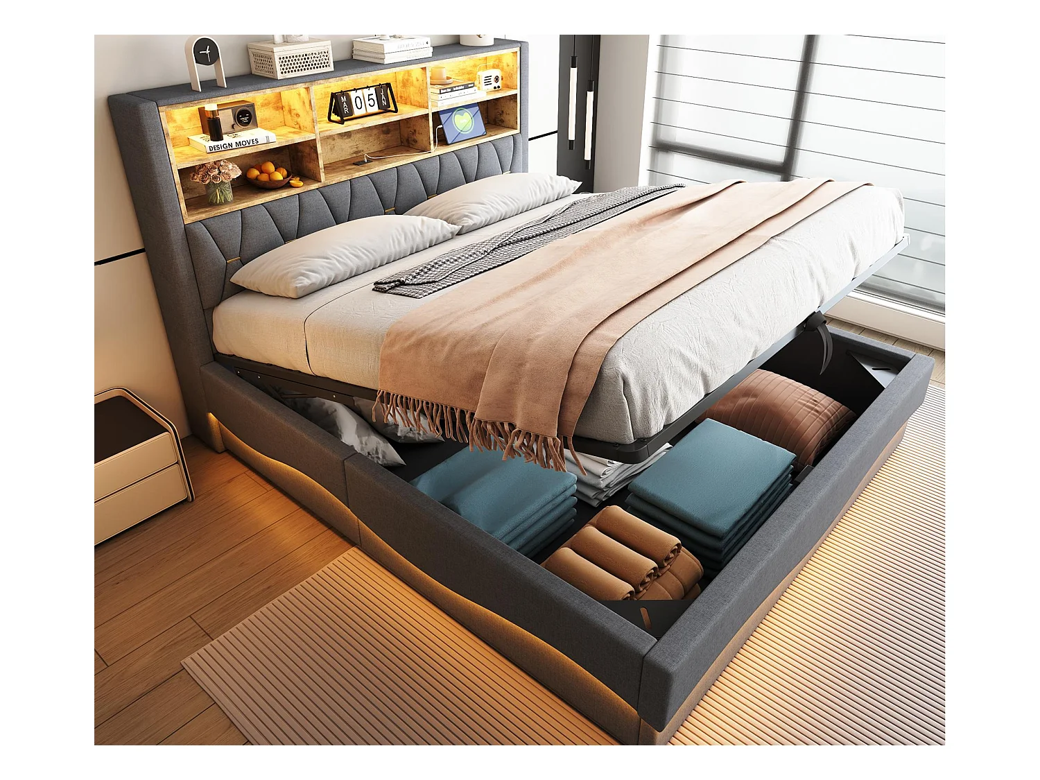 Letto con contenitore per bambini 180x200 cm - con striscia luminosa LED - con porta di ricarica USB - lino - grigio (senza materasso)