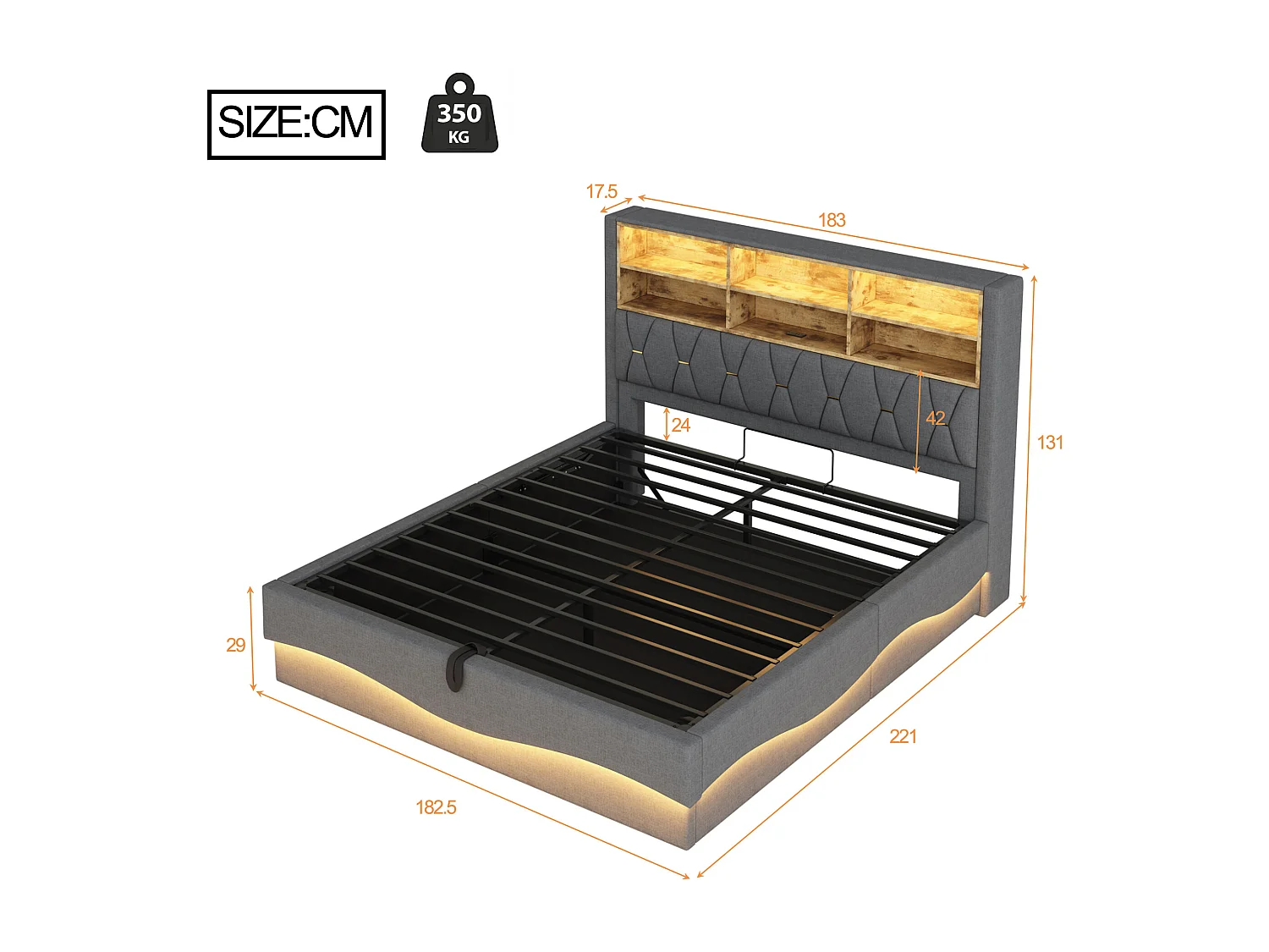 Letto con contenitore per bambini 180x200 cm - con striscia luminosa LED - con porta di ricarica USB - lino - grigio (senza materasso)