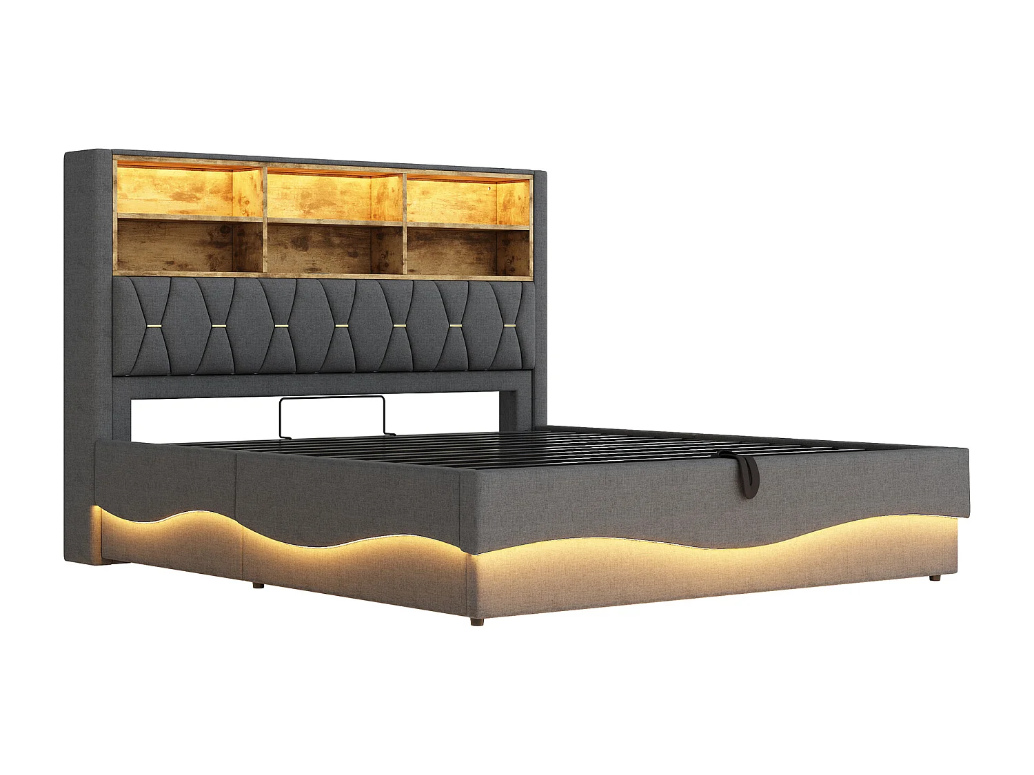 Letto con contenitore per bambini 180x200 cm - con striscia luminosa LED - con porta di ricarica USB - lino - grigio (senza materasso)