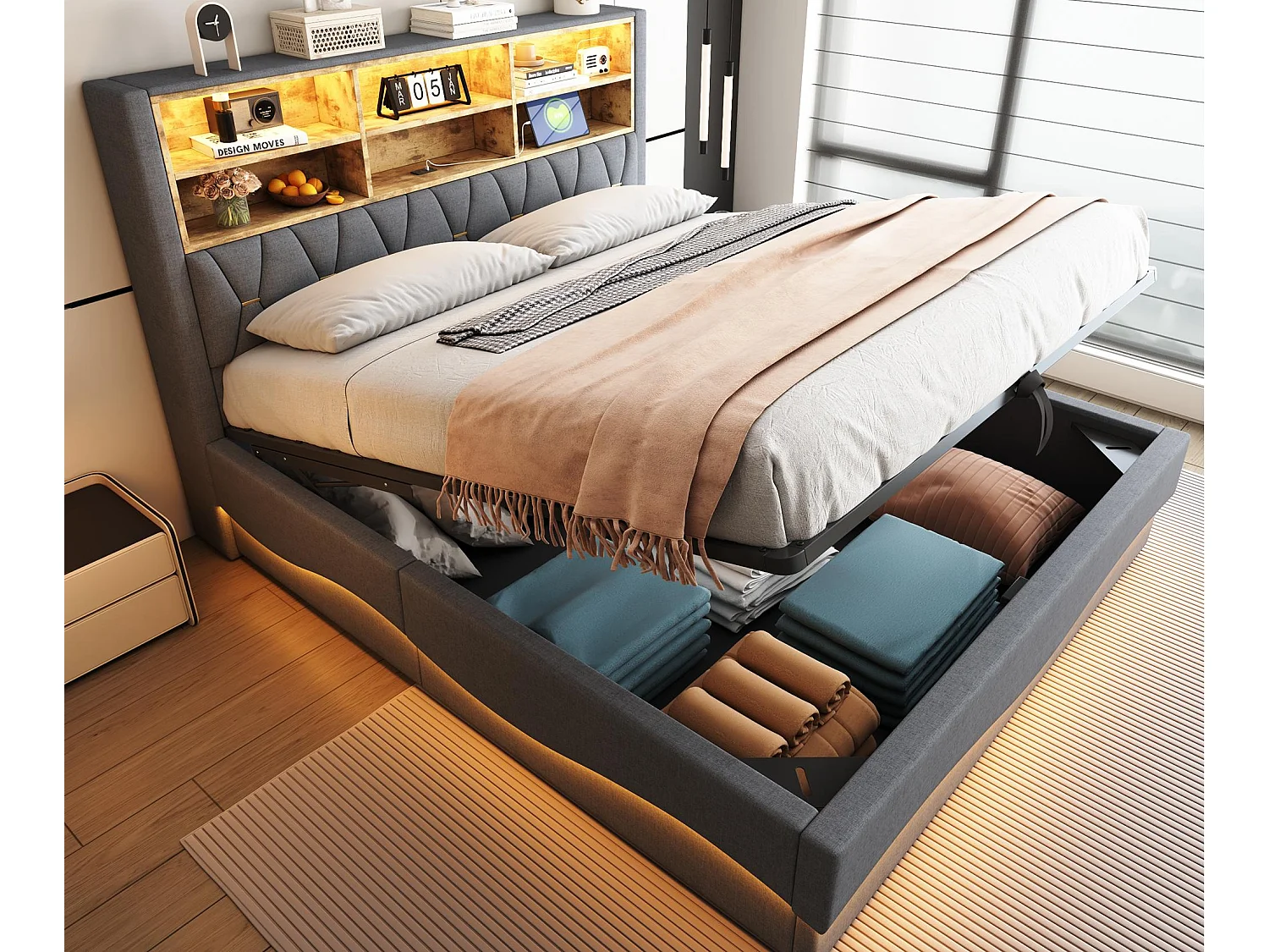 Lit coffre 180×200 cm - avec bande lumineuse LED - avec port de charge USB - lin - gris (sans matelas)