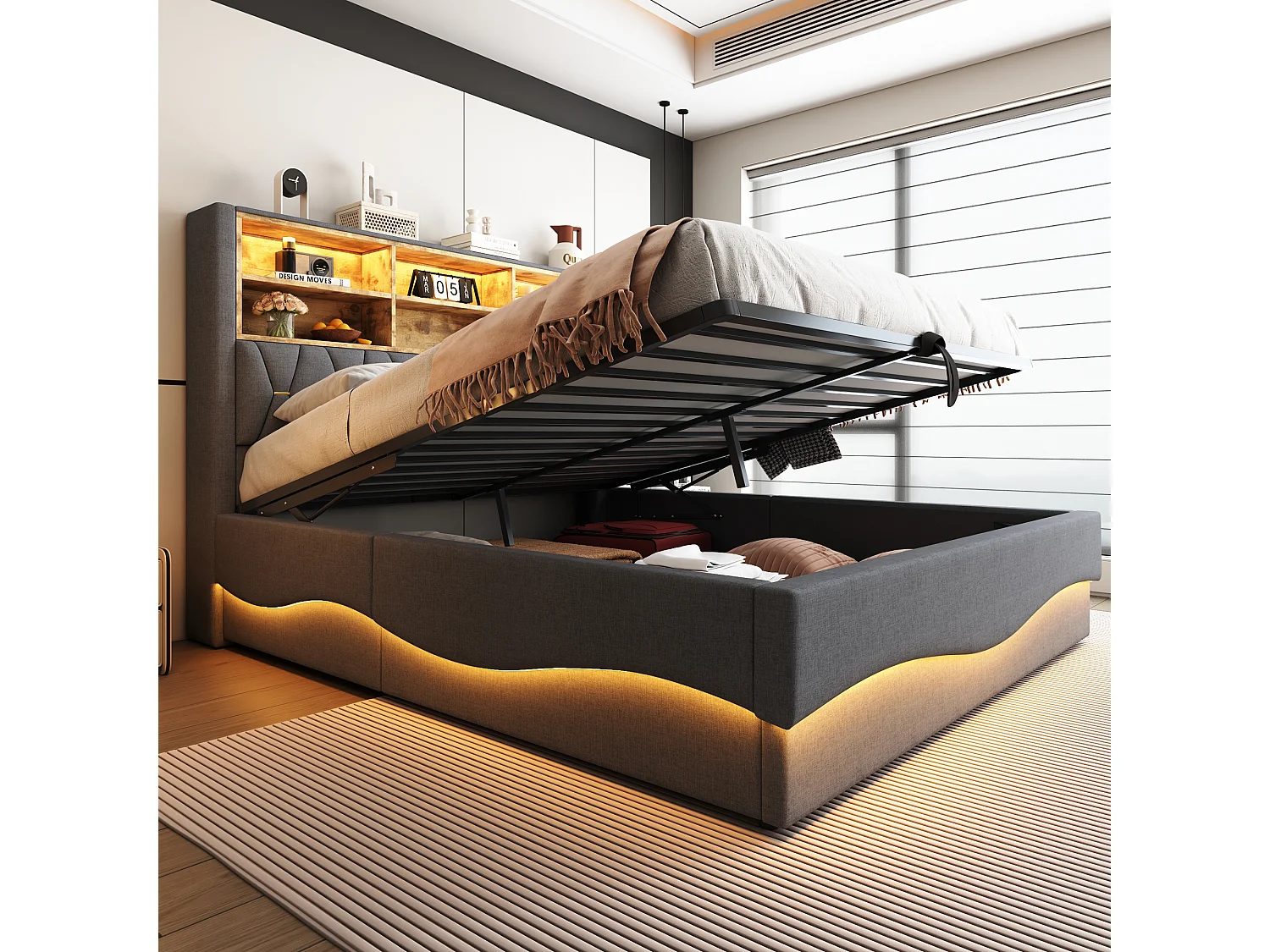 Lit coffre 180×200 cm - avec bande lumineuse LED - avec port de charge USB - lin - gris (sans matelas)