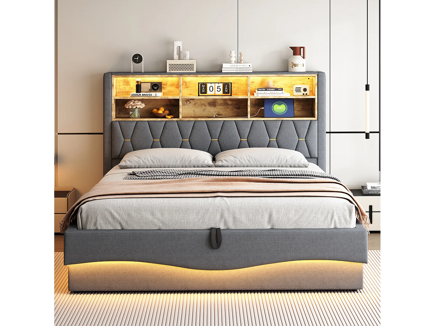 Lit coffre 180×200 cm - avec bande lumineuse LED - avec port de charge USB - lin - gris (sans matelas)