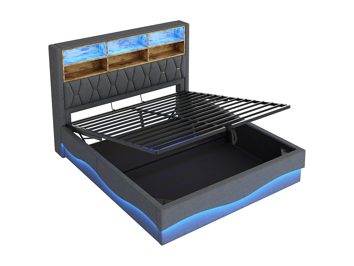 Lit coffre 180×200 cm - avec bande lumineuse LED - avec port de charge USB - lin - gris (sans matelas)