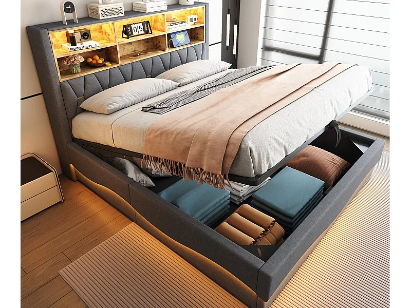 Letto con contenitore per bambini 180x200 cm - con striscia luminosa LED - con porta di ricarica USB - lino - grigio (senza materasso)