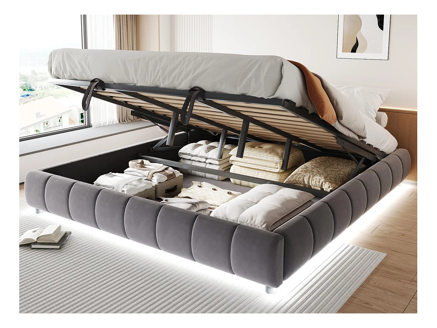 Lit coffre rembourré 180x200cm - avec bande lumineuse LED (couleur unie) - Gris (matelas non inclus)