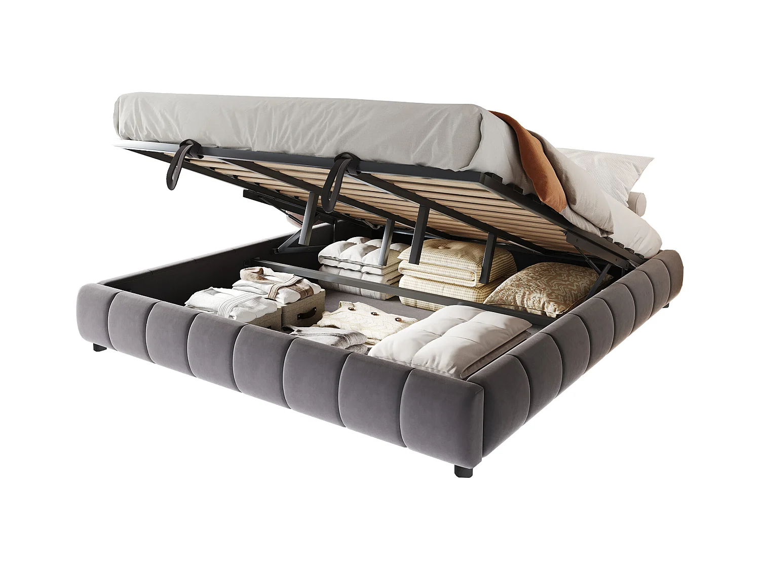 Lit coffre rembourré 180x200cm - avec bande lumineuse LED (couleur unie) - Gris (matelas non inclus)