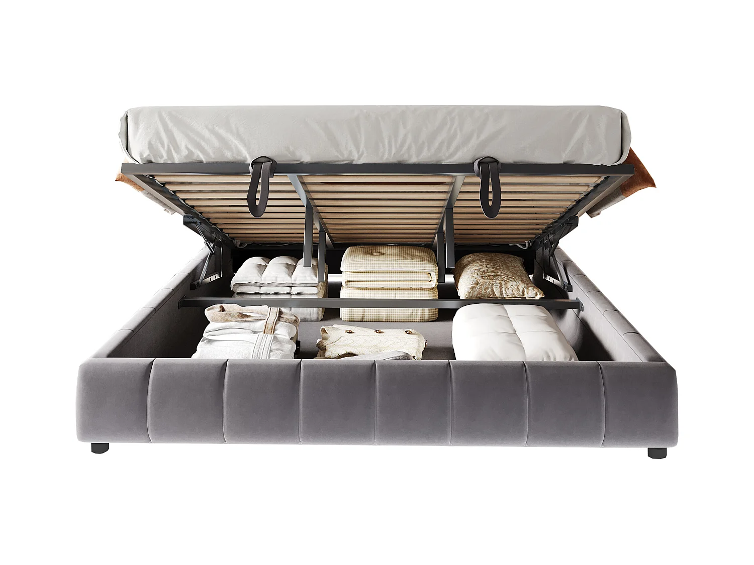 Lit coffre rembourré 180x200cm - avec bande lumineuse LED (couleur unie) - Gris (matelas non inclus)