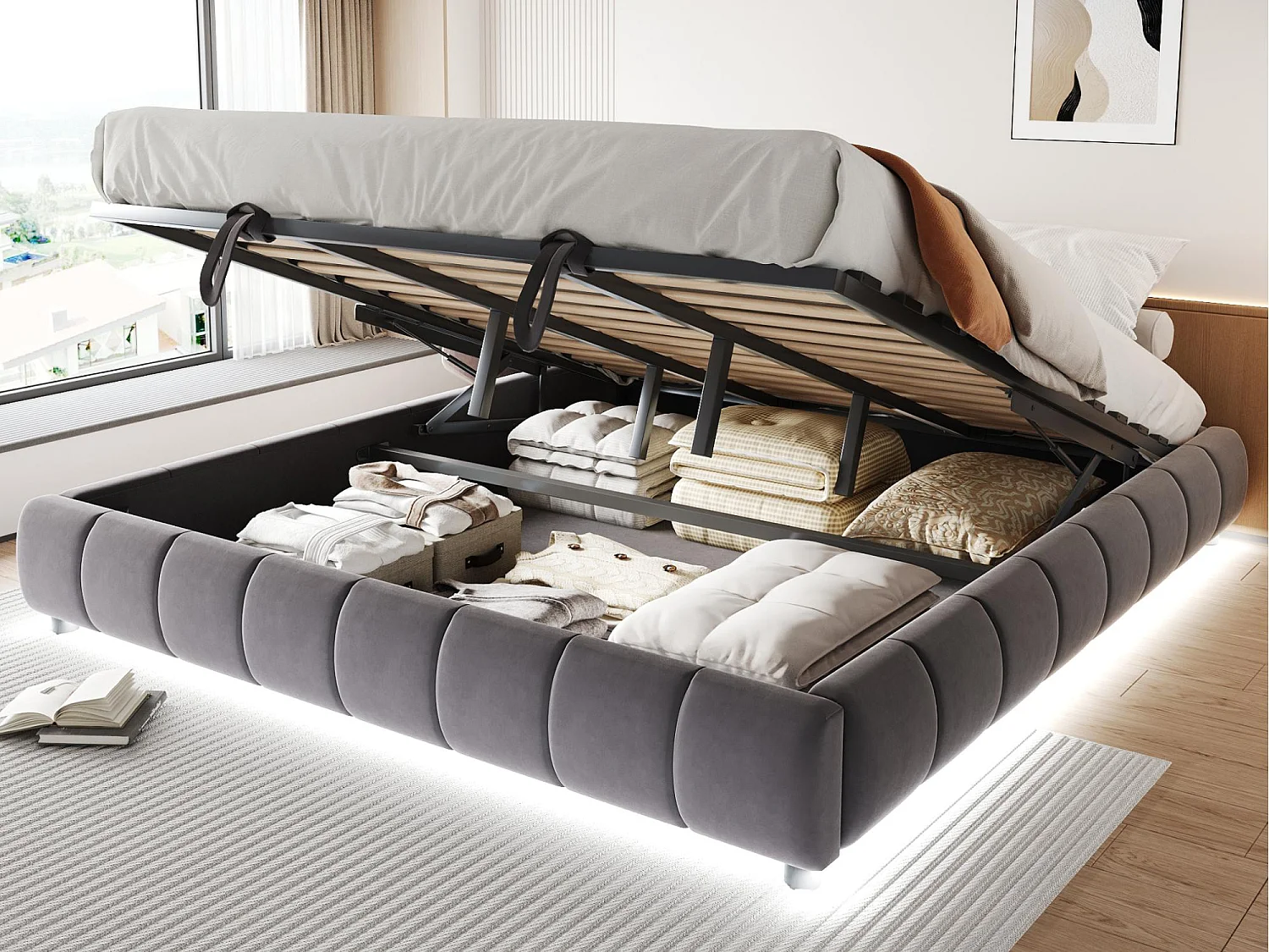 Letto con contenitore imbottito 180x200cm - con striscia luminosa LED (colore uniforme) - grigio (materasso non incluso)