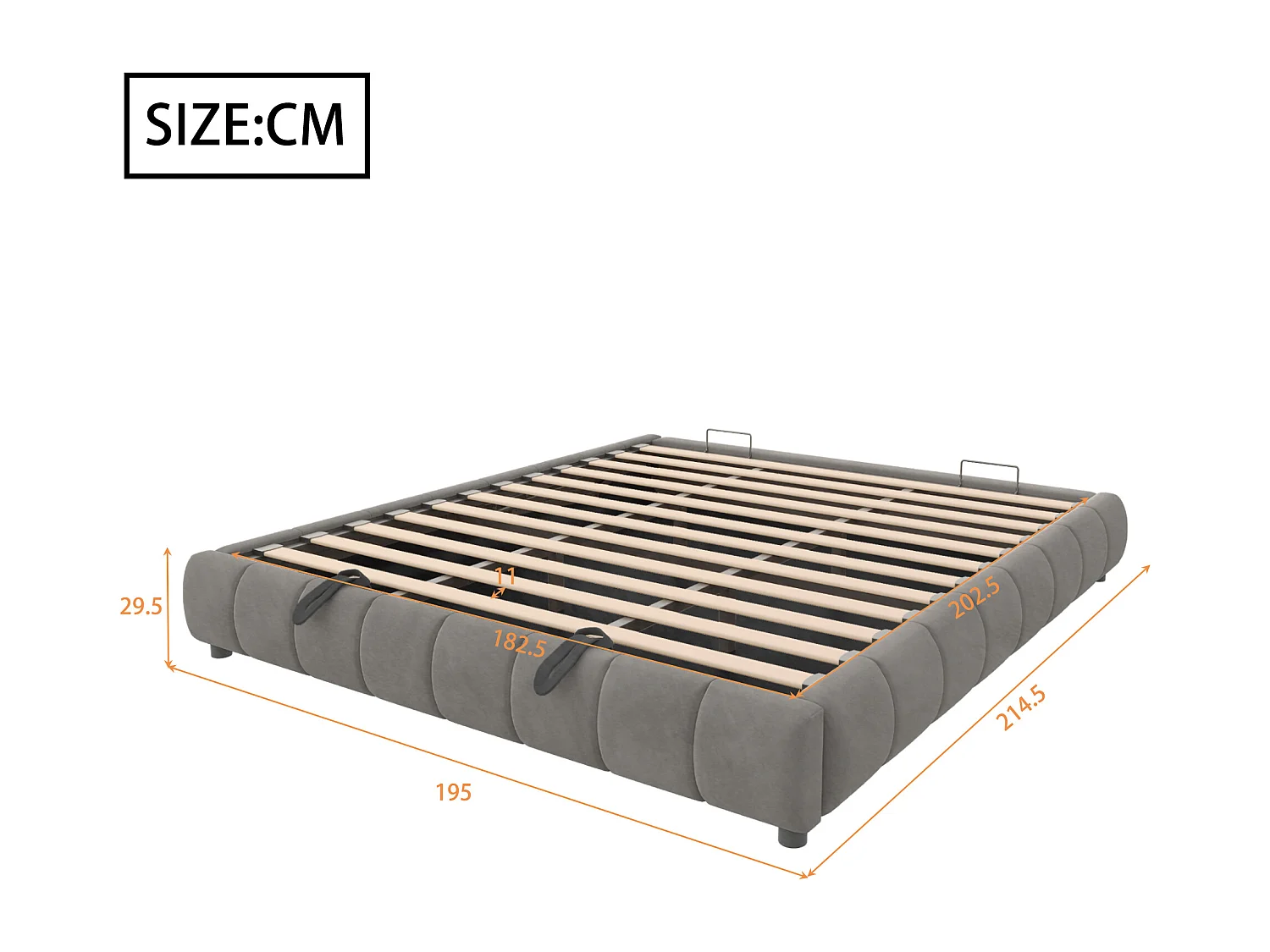 Letto con contenitore imbottito 180x200cm - con striscia luminosa LED (colore uniforme) - grigio (materasso non incluso)