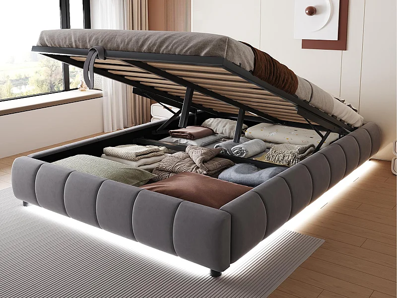 Lit coffre rembourré 140x200cm - avec bande lumineuse LED (couleur unie) - Gris (matelas non inclus)