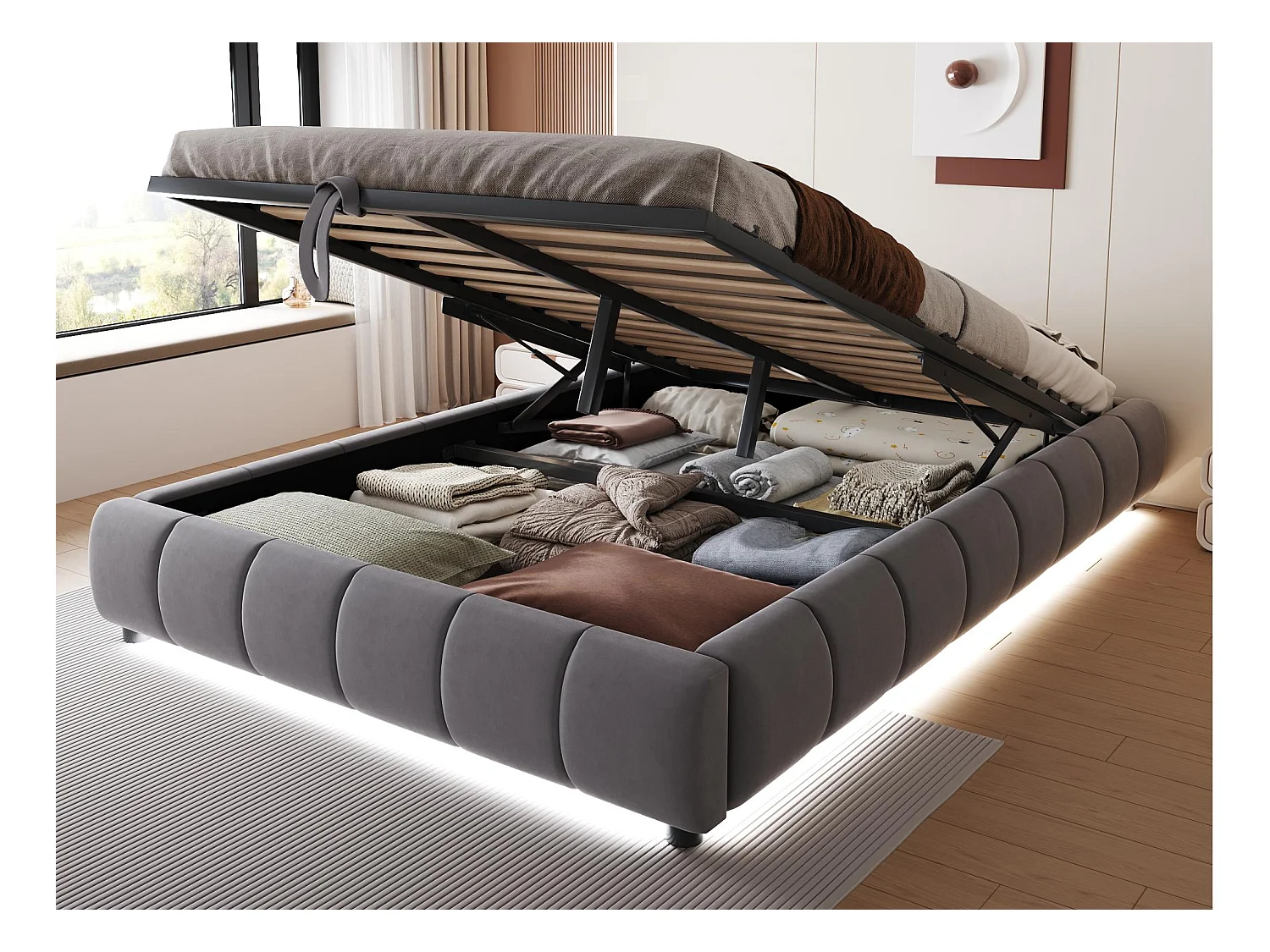 Lit coffre rembourré 140x200cm - avec bande lumineuse LED (couleur unie) - Gris (matelas non inclus)