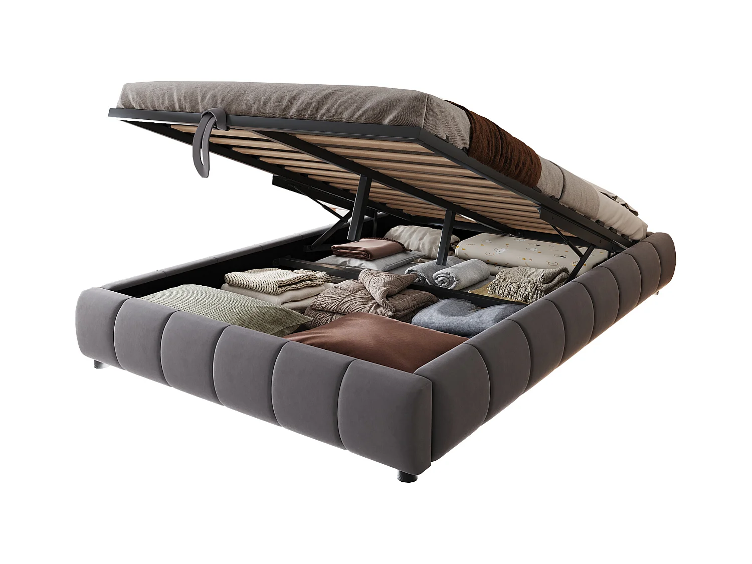 Lit coffre rembourré 140x200cm - avec bande lumineuse LED (couleur unie) - Gris (matelas non inclus)