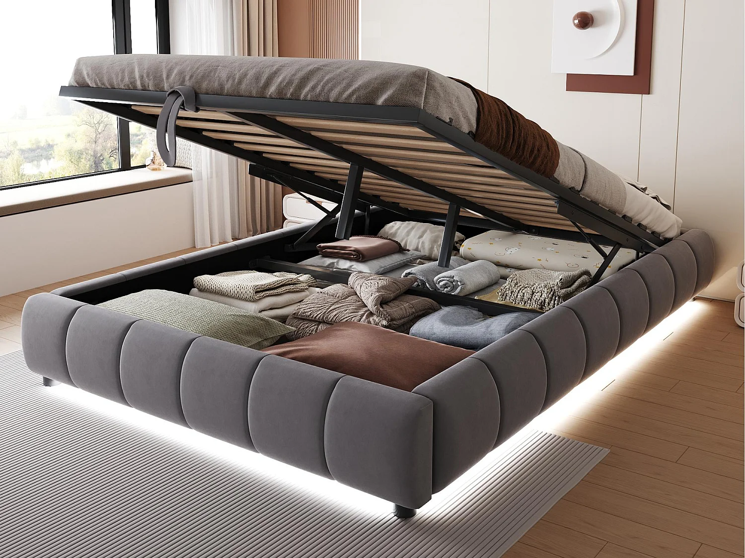 Lit coffre rembourré 140x200cm - avec bande lumineuse LED (couleur unie) - Gris (matelas non inclus)