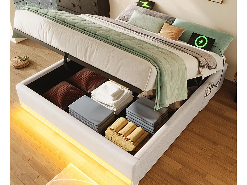 Lit coffre rembourré 140x200cm - avec bande lumineuse LED - avec ports USB + Type-C - gris (matelas non inclus)