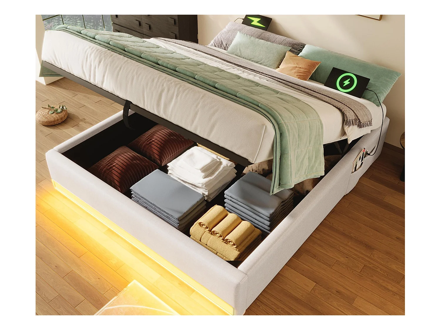 Lit coffre rembourré 140x200cm - avec bande lumineuse LED - avec ports USB + Type-C - gris (matelas non inclus)