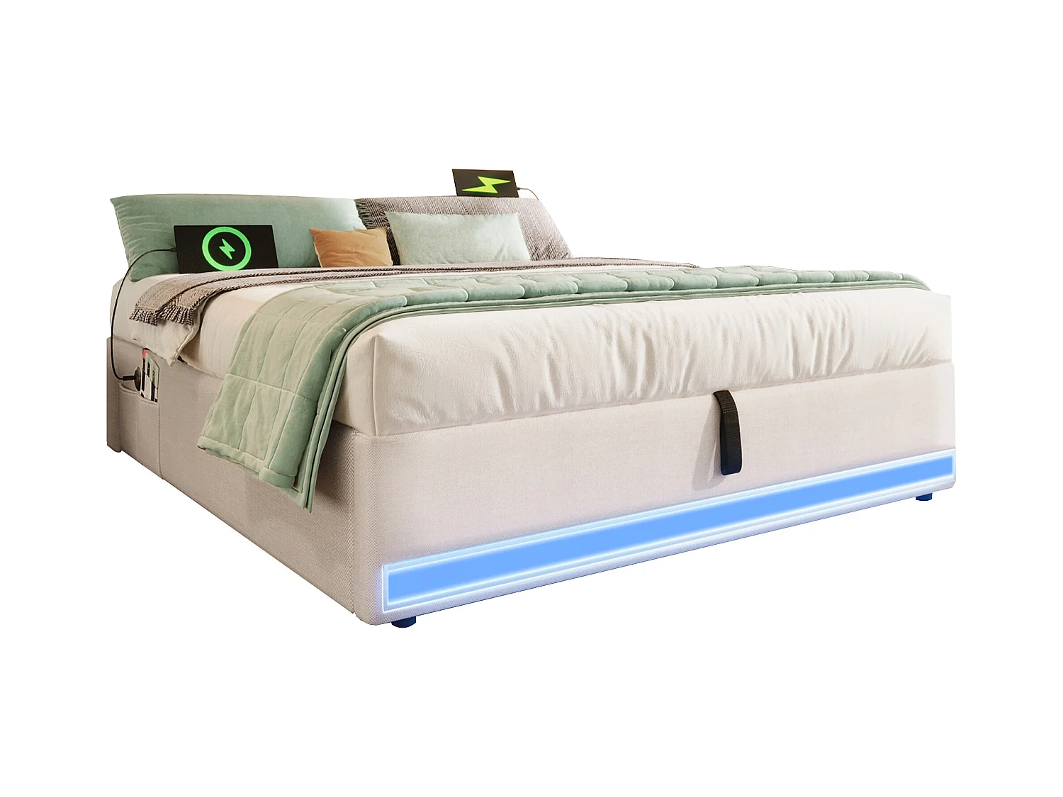 Łóżko z pojemnikiem tapicerowane 140x200cm - z taśmą świetlną LED - z portami USB + Type-C - beżowa (materac nie wchodzi w zestaw)