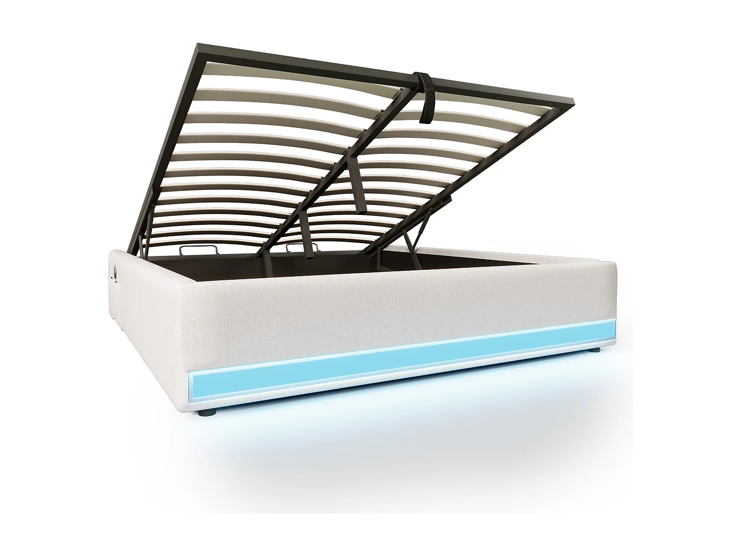 Lit coffre rembourré 140x200cm - avec bande lumineuse LED - avec ports USB + Type-C - gris (matelas non inclus)