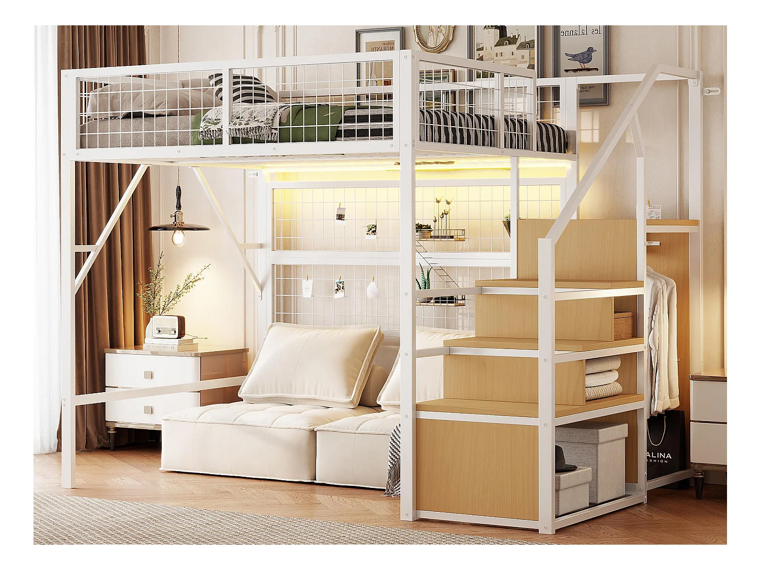 Lit mezzanine 140x200 - avec éclairage LED - avec escalier de rangement - avec penderie ouverte - Blanc (sans matelas)