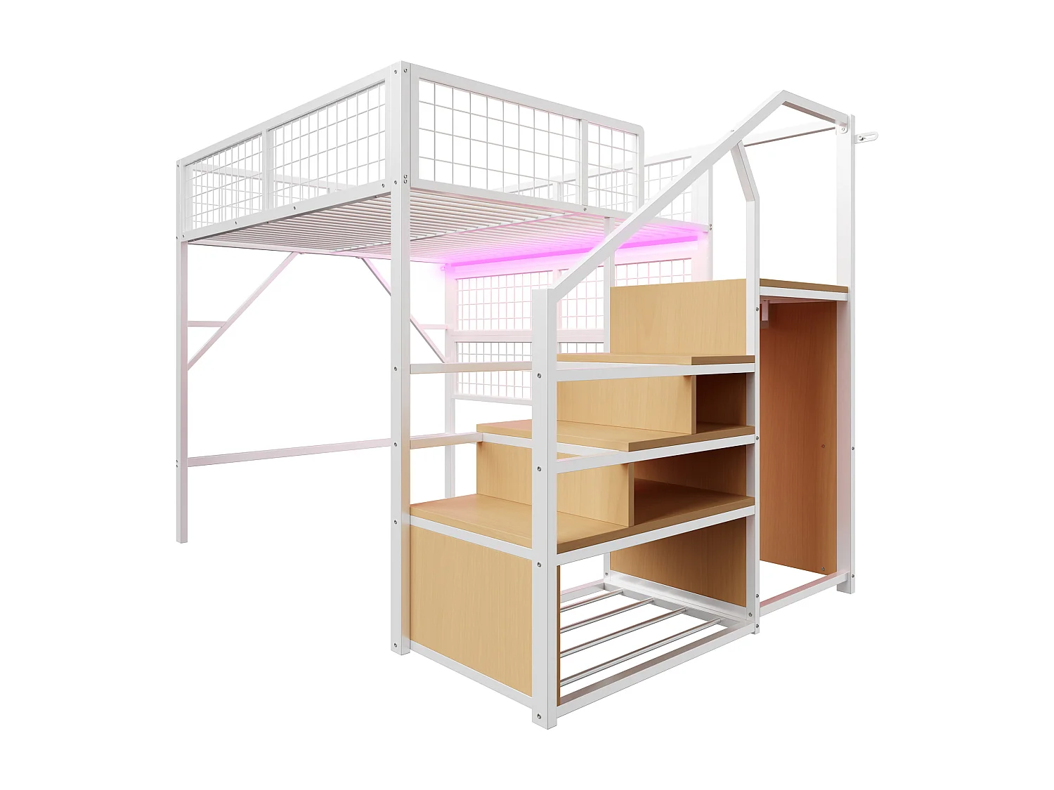 Lit mezzanine 140x200 - avec éclairage LED - avec escalier de rangement - avec penderie ouverte - Blanc (sans matelas)