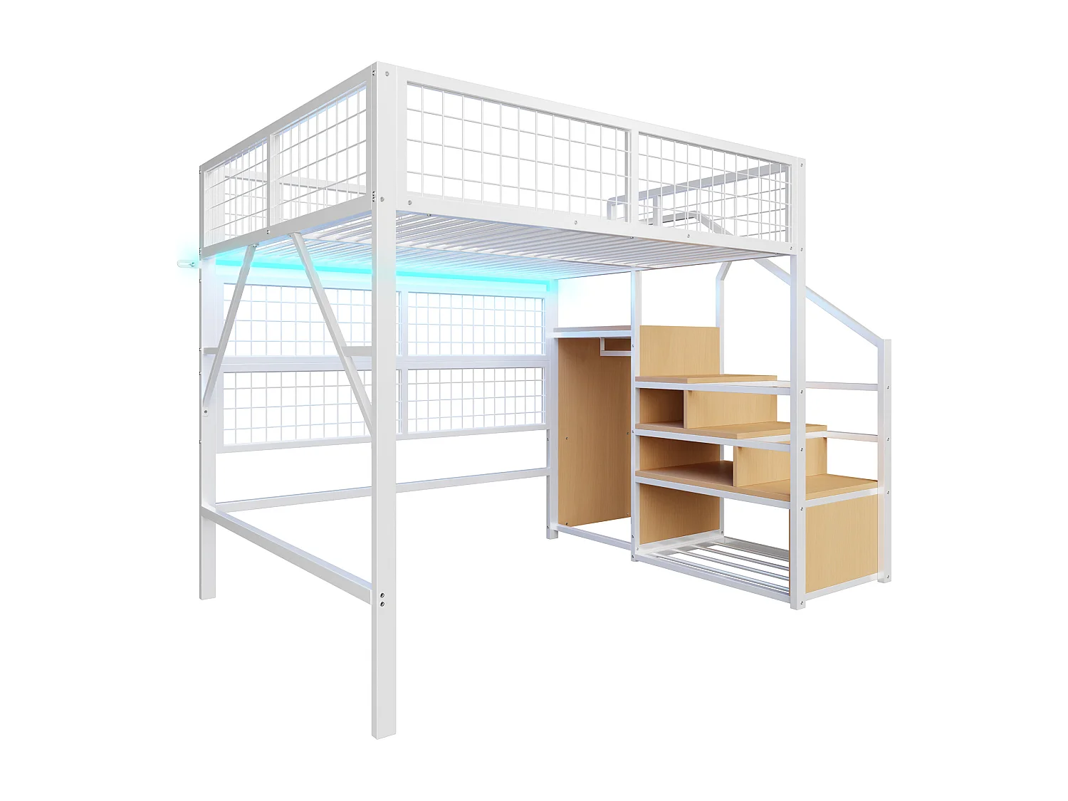 Lit mezzanine 140x200 - avec éclairage LED - avec escalier de rangement - avec penderie ouverte - Blanc (sans matelas)