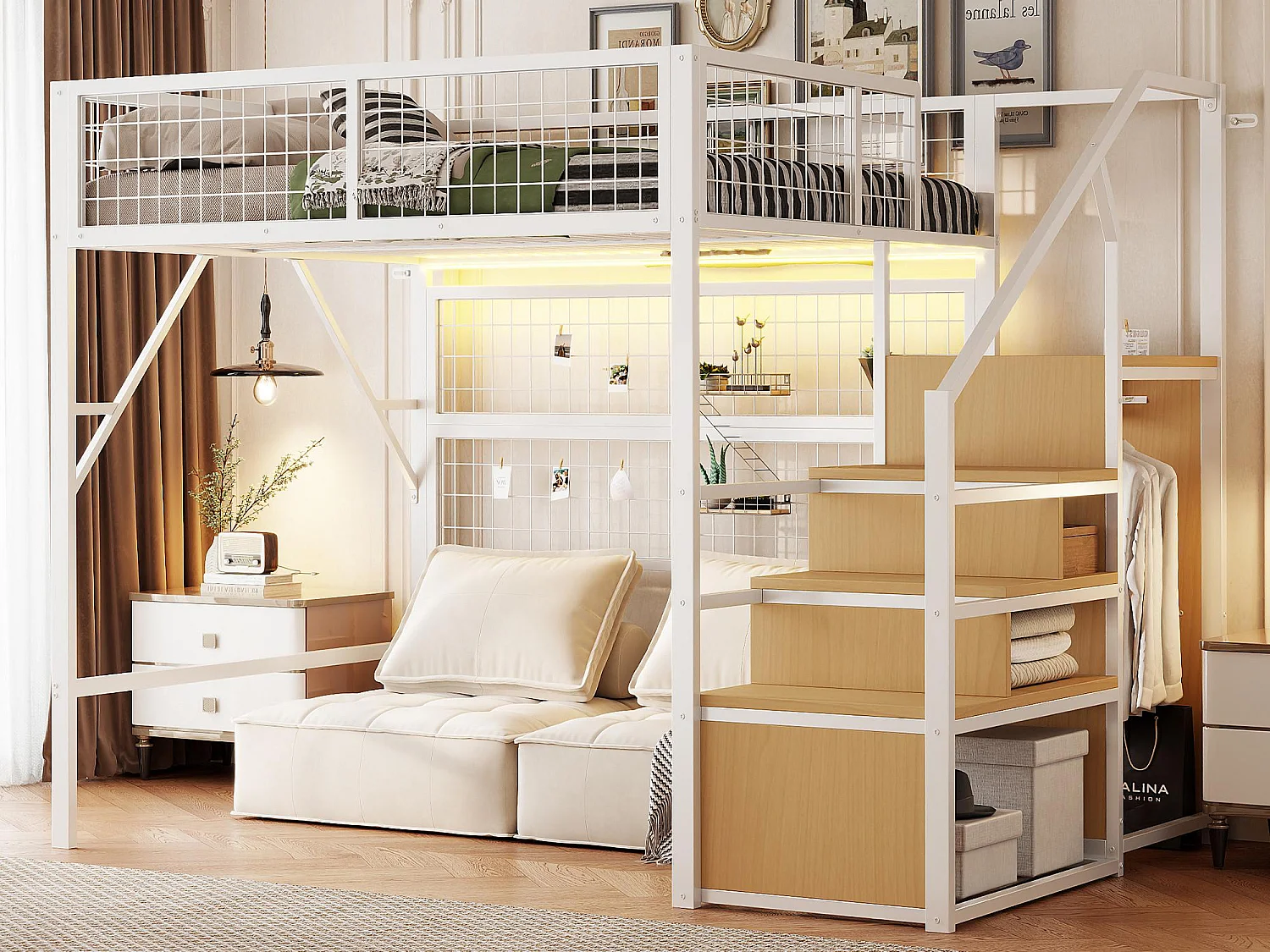 Lit mezzanine 140x200 - avec éclairage LED - avec escalier de rangement - avec penderie ouverte - Blanc (sans matelas)